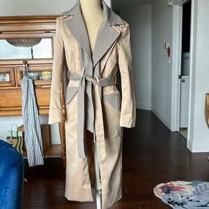 Quaint beige with plaid trim trench coat size 34 or size small